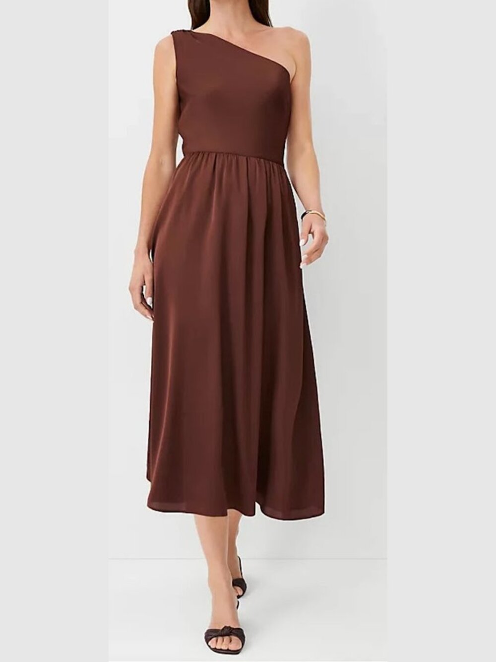 NWT Ann Taylor Brown Stone One Shoulder Midi Dress Sz 4